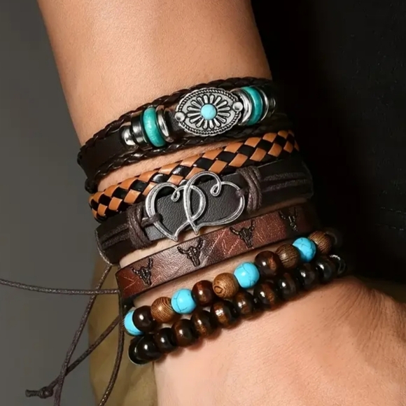 2/$40 Bohemian Leather Bracelet Set with Turquoise Accents (#0268) - Picture 1 of 3